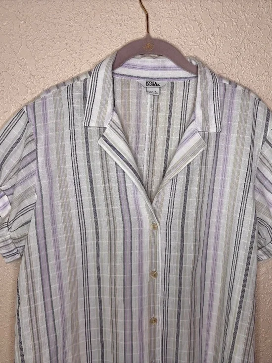 Eddie Bauer White Blue Gray Striped Short Sleeve Camp Top Women's Size L - Picture 3 of 10